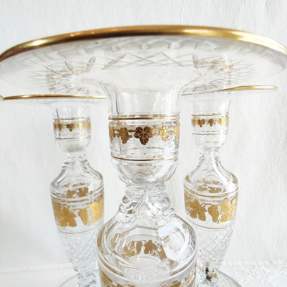 Val St Lambert Candlestick Holder, Cut Crystal 1940-50s Belgian Glass Gold Gilt - Picture 5 of 11